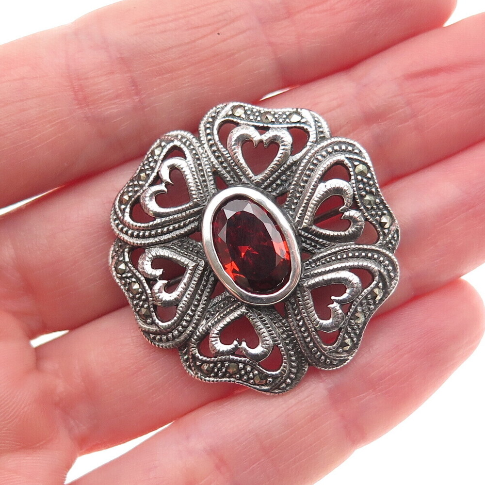 925 Sterling Silver Vintage Real Red Garnet & Marcasite Heart Floral Pin Brooch